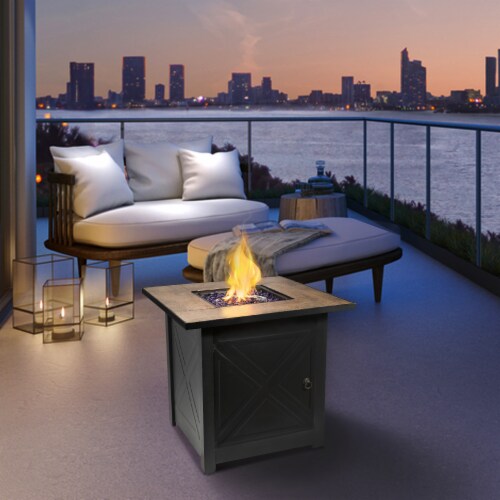 Teamson Home Outdoor Square 27  Propane Ceramic Gas Fire Pit with Steel Base, Black/Stone Perspective: back