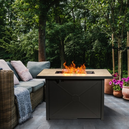 Peaktop Outdoor Rectangular Propane Ceramic Gas Fire Pit with Steel Base, Black/Stone Perspective: back