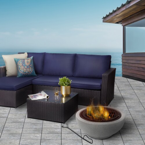 Peaktop Outdoor 24 Wood Burning Fire Pit with Grill Grate & Concrete Base for Garden, Gray Perspective: back