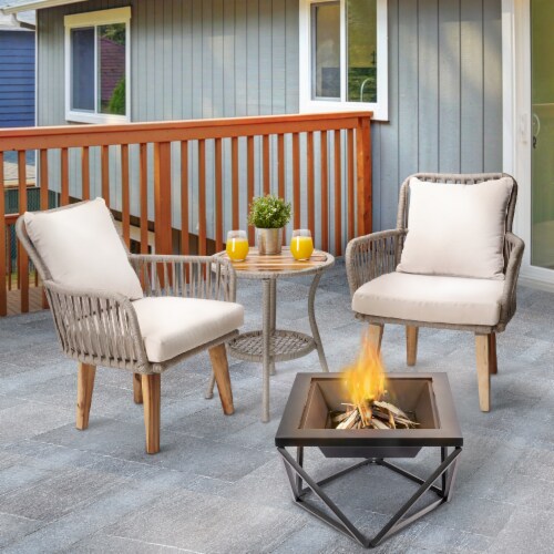 Peaktop Outdoor 24 Wood Burning Fire Pit with Tabletop and Decorative Geometric Base, Black Perspective: back