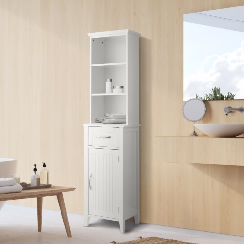 Elegant Home Fashions Wooden Bathroom Linen Storage Cabinet Freestanding Space Saver, White Perspective: back