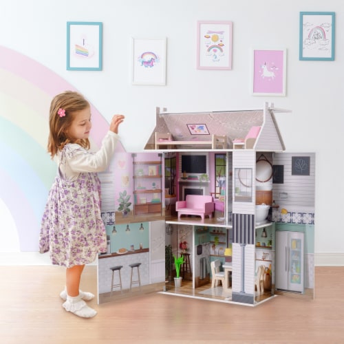 Olivia's Little World Kids Wooden Dreamland Farmhouse 3-Sided Dollhouse ...
