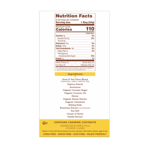 Simple Mills Honey Cinnamon Seed & Nut Flour Sweet Thins Cinnamon Cookies Perspective: back
