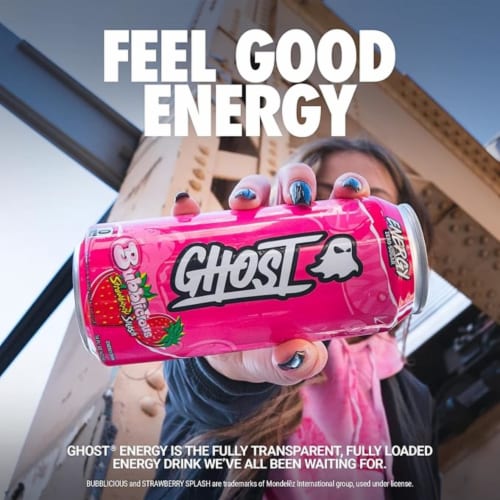 Ghost Zero Sugar Bubblicious Strawberry Splash Energy Drink Can Perspective: back