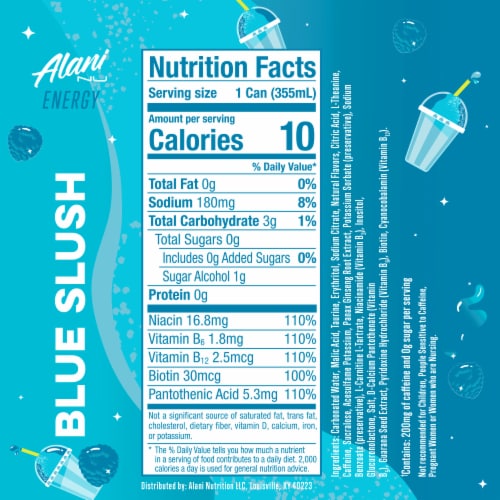 Alani Nu Blue Slush Energy Drink Can Perspective: back