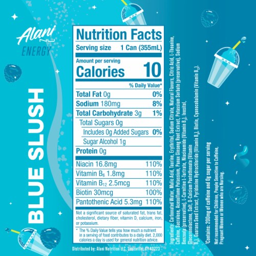 Alani Nu Blue Slush Sugar Free Energy Drink Can Perspective: back