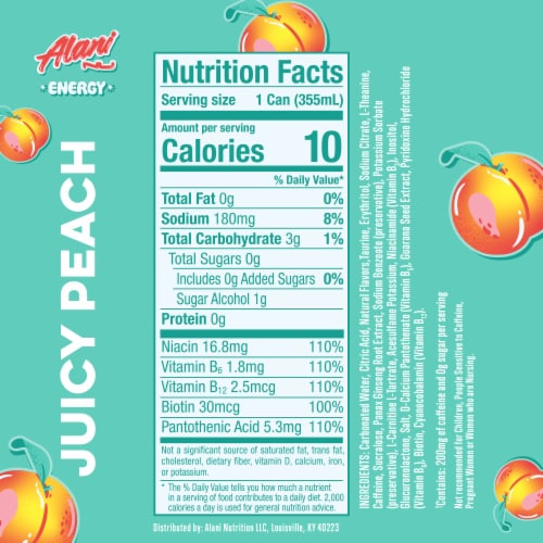 Alani NU Juicy Peach Energy Drink Can Perspective: back