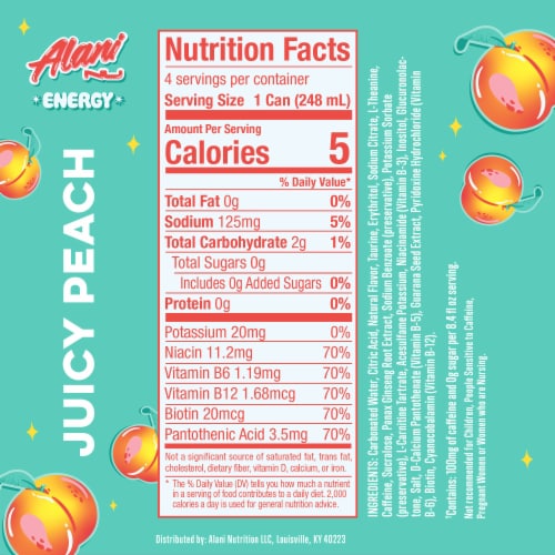 Alani Nu Mini Juicy Peach Sugar Free Energy Drink Can Perspective: back