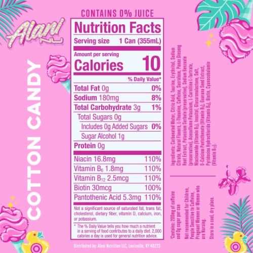 Alani Nu Energy Drink Cotton Candy 12oz Perspective: back