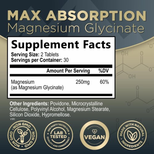 Magnesium Glycinate 250mg 100 Chelated Magnesium Capsules 60 Tablets, 60 Tablets Smith’s