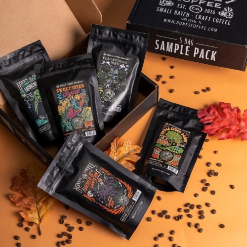 Bones Coffee Company Fall Favorites Sample Pack Ground Coffee Perspective: back