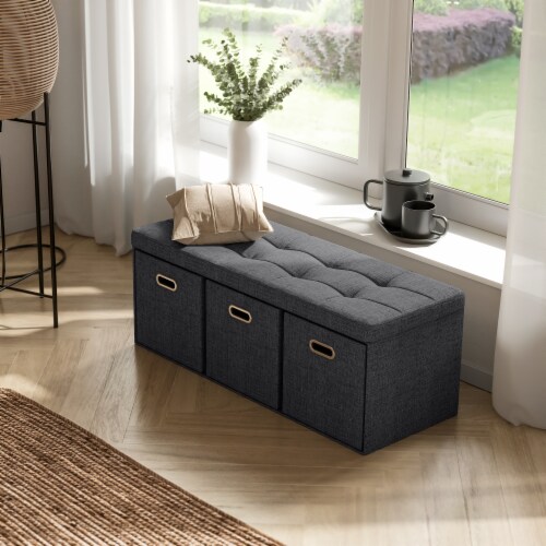 Foldable Tufted Linen Long Bench Storage Ottoman with 3 Drawers 40 L x 15 W x 15 H Pick n Save
