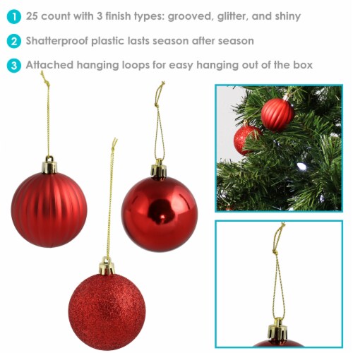 Sunnydaze Beautiful Baubles 25-Piece Plastic Christmas Ornament Set - Red Perspective: back