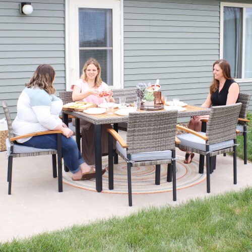 7Piece Outdoor Dining Patio Furniture Set Rattan Wooden Tabletop Gray