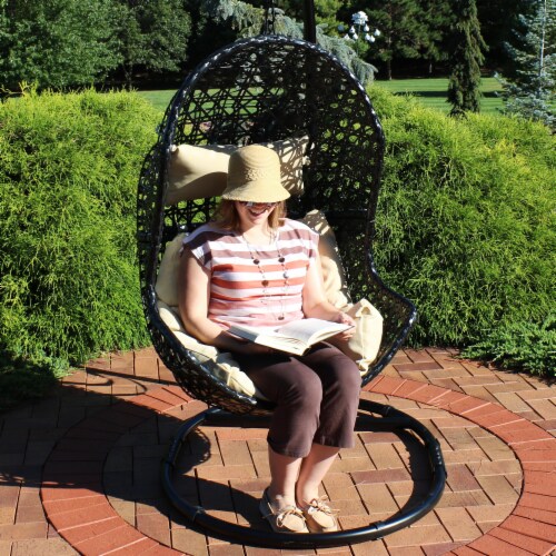 Hanging Egg Swing Chair Resin Patio Basket Wicker Frame Beige Cushion Pillow Perspective: back
