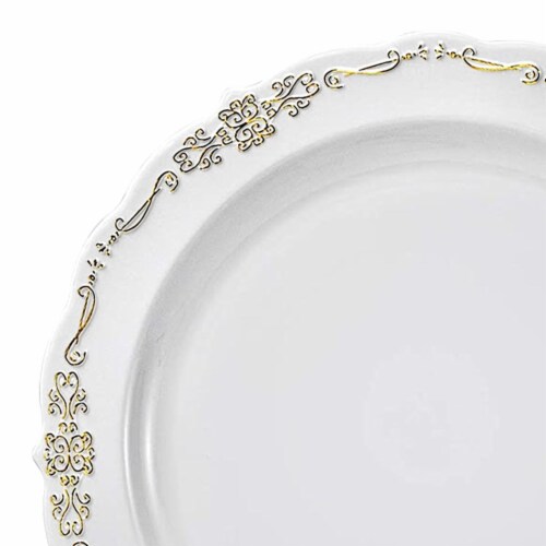 7.5  White with Gold Vintage Rim Round Disposable Plastic Appetizer/Salad Plates (120 Plates) Perspective: back