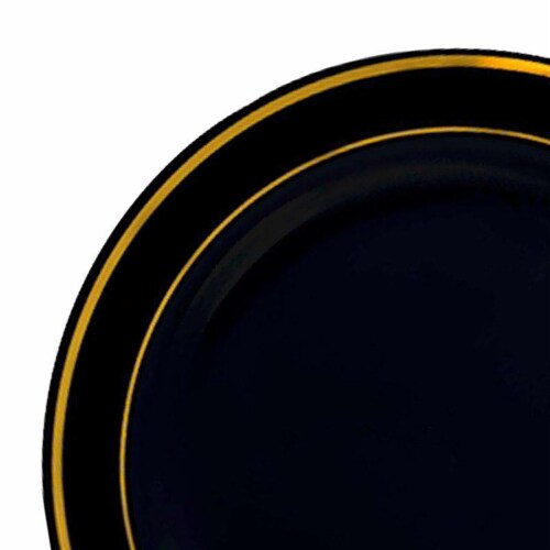 7.5  Black with Gold Edge Rim Plastic Appetizer/Salad Plates (120 Plates) Perspective: back