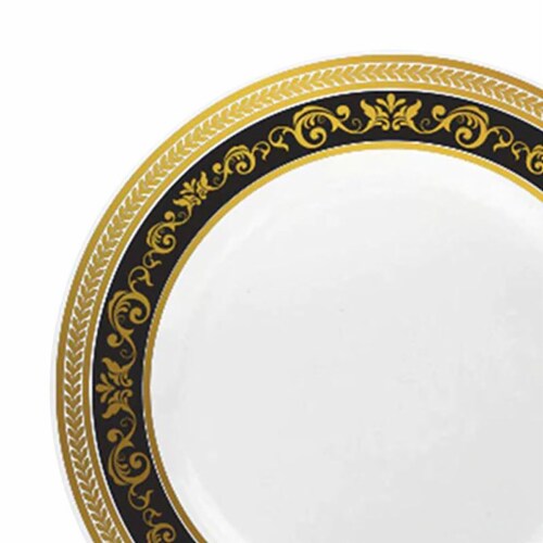 White with Black and Gold Royal Rim Plastic Appetizer/Salad Plates - 7. ...