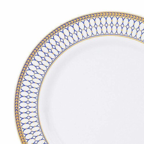 7.5  White with Blue and Gold Chord Rim Plastic Appetizer/Salad Plates (120 Plates) Perspective: back
