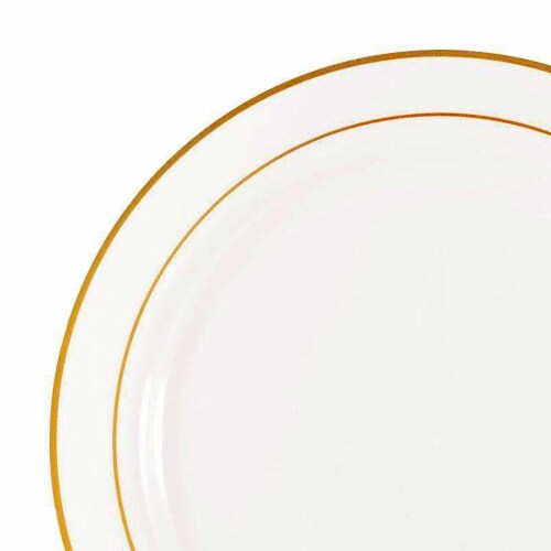 10.25  White with Gold Edge Rim Plastic Dinner Plates (120 Plates) Perspective: back