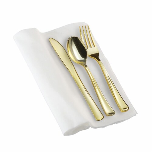 Gold Plastic Cutlery White Napkin Rolls Set - Napkins, Forks, Knives, Spoons (100 Guests) Perspective: back