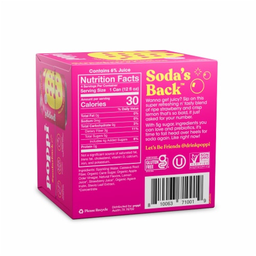 Poppi Strawberry Lemon Prebiotic Soda Cans Perspective: back