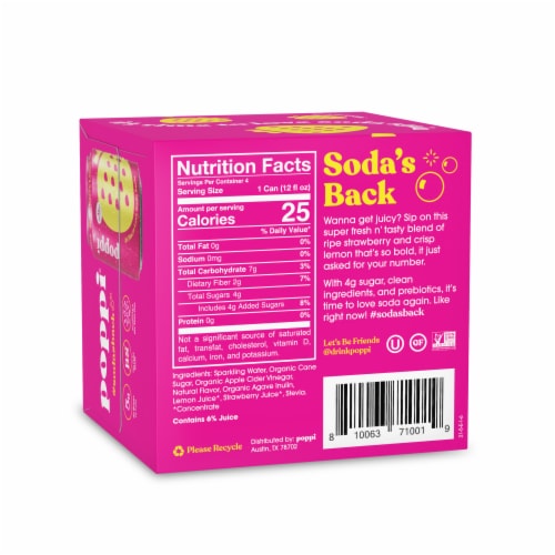 Poppi Strawberry Lemon Prebiotic Soda Cans Perspective: back