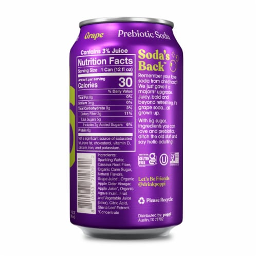 Poppi Grape Prebiotic Soda Can Perspective: back