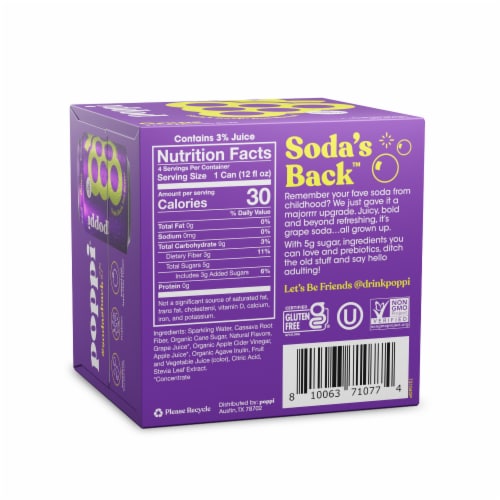 Poppi Grape Prebiotic Soda Cans Perspective: back