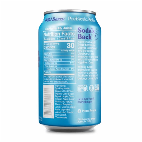 Poppi Wild Berry Prebiotic Soda Can Perspective: back