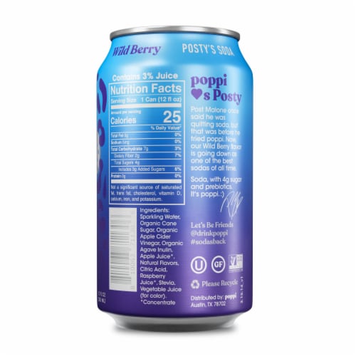 Poppi Wild Berry Post Malone Exclusive Prebiotic Soda Can Perspective: back