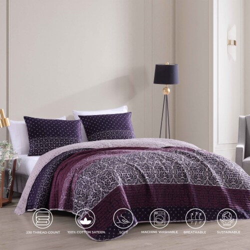 Bebejan Cordon Purple 100% Cotton 230 Thread Count 3-Piece Reversible Quilt Set Perspective: back