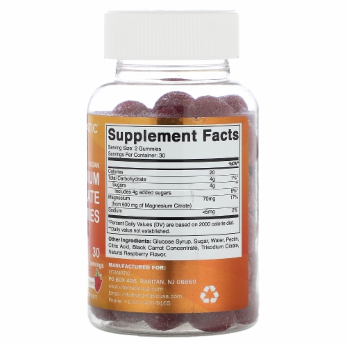 Vitamatic Vegan Magnesium Citrate Gummies Natural Raspberry 600 mg - 60 Gummies (300 Perspective: back