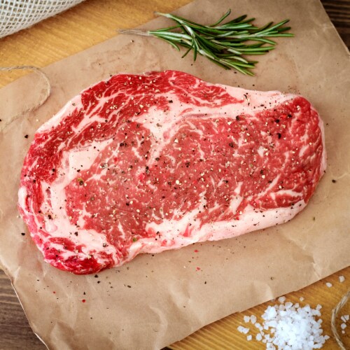 FeedingU Kosher Boneless Ribeye Steak, 4 Steaks, 0.75-1.25 lbs per Steak. Perspective: back