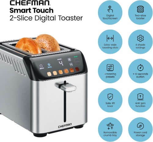 Chefman Smart Touch 2 Slice Digital Toaster, 6 Shade Settings, Crumb Tray - Stainless Steel Perspective: back
