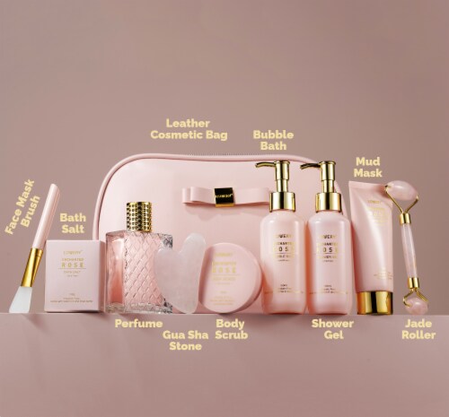 Luxury Enchanted Rose Bath & Body Beauty Kit With Leather Bag, Jade Roller & More Perspective: back