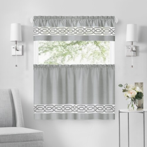 Kate Aurora Pacifico 3 Piece Kitchen Curtain Set - 24 in. Long - Silver Perspective: back
