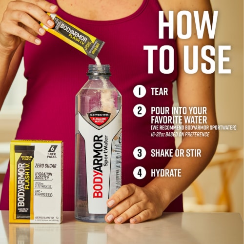 BodyArmor Flash IV Zero Sugar Electrolyte Tropical Punch Drink Mix Packets Perspective: back