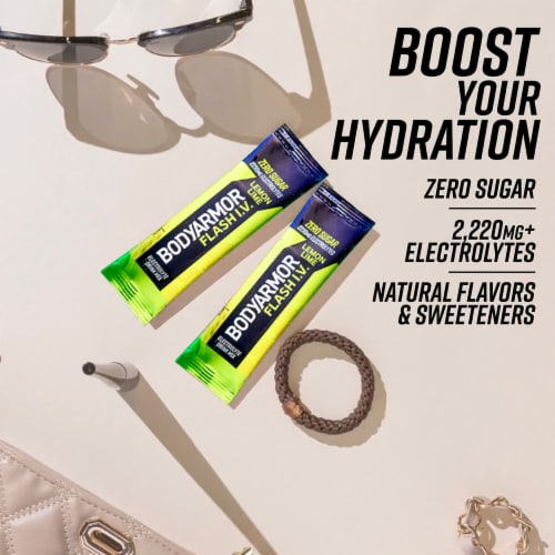 BodyArmor Flash IV Zero Sugar Electrolyte Lemon Lime Drink Mix Packets Perspective: back