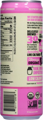 Liquid Remedy Organic No Sugar Raspberry Lemonade Kombucha Drink Can Perspective: back