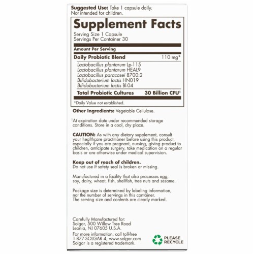 Solgar Advanced Daily Support Probiotic 30 Billion CFU 30 Vegan Caps Perspective: back