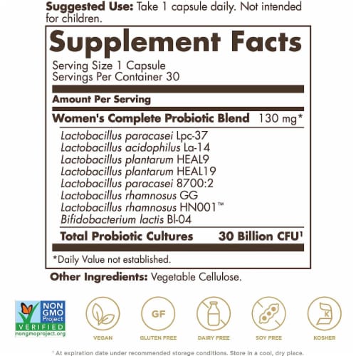 Solgar Women's Complete Probiotic,30 Billion CFU,8 Clinically-Studied Strains,30 Vegan Caps Perspective: back