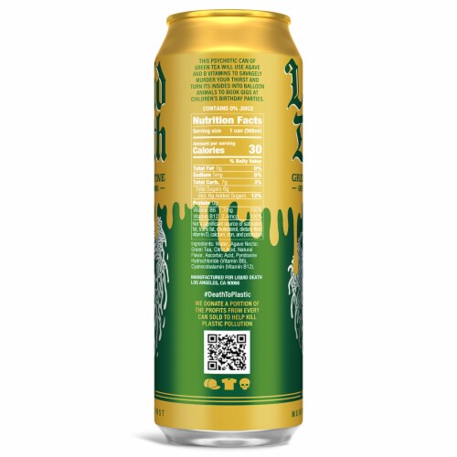 Liquid Death, Green Guillotine Iced Tea, Green Tea Perspective: back