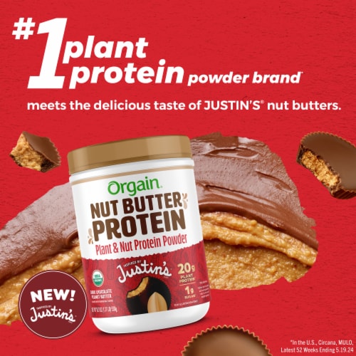 Orgain X JUSTIN’S® Organic Plant & Nut Butter 20g Vegan Protein Powder, Dark Chocolate Peanut Butter Perspective: back