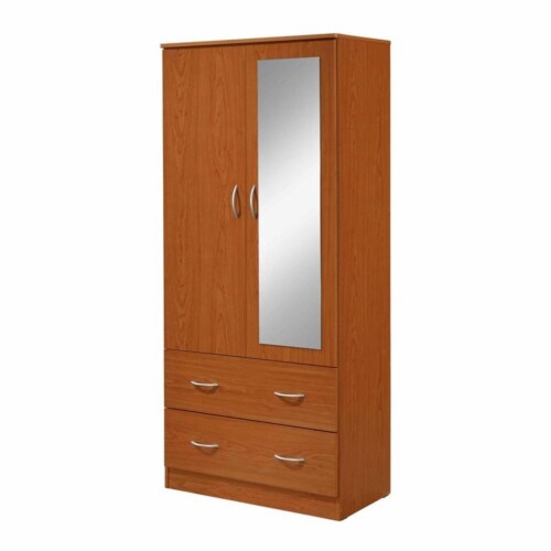 Hodedah 2 Door Armoire with 2 Drawers Clothing Rod and Mirror in Cherry Wood 1 Food 4 Less