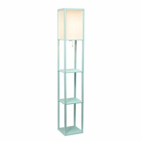 Simple Designs Wood Etagere Shelving Floor Lamp in Aqua Blue with Cream Shade Perspective: back