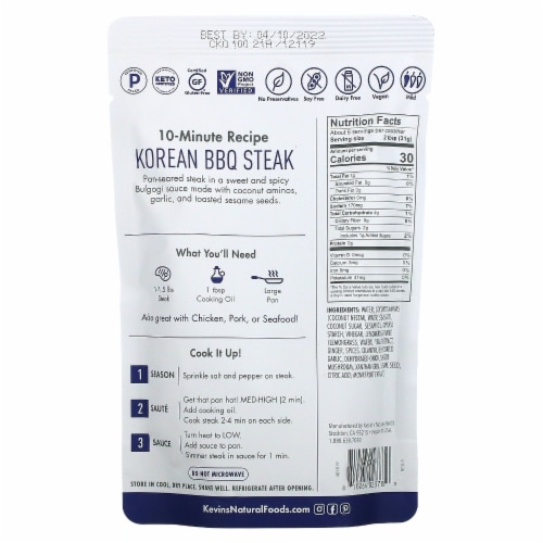 Kevin's Natural Foods Korean BBQ Sauce Perspective: back