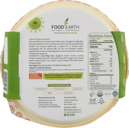 Food Earth Organic Indian Eggplant Curry with Steamed Rice Perspective: back