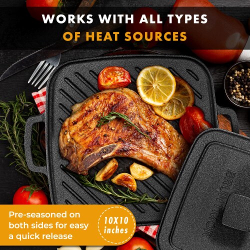 Bruntmor 10  x 10  2-in-1 Reversible Cast Iron Grill Pan w/ Grip Handle & Press Perspective: back