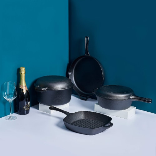 Bruntmor 6 Pcs Pre-Seasoned Cast Iron Cooking Set | Dutch Oven, Skillets & Grill Pan Perspective: back